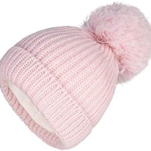 Cream baby hat with pom pom detail.