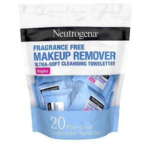 Neutrogena Fragrance-Free Makeup Remover Towelette Singles 20 Compostable Plant-Based Cloths