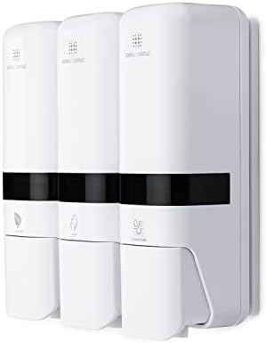 Wall-mounted UK shower gel dispenser.