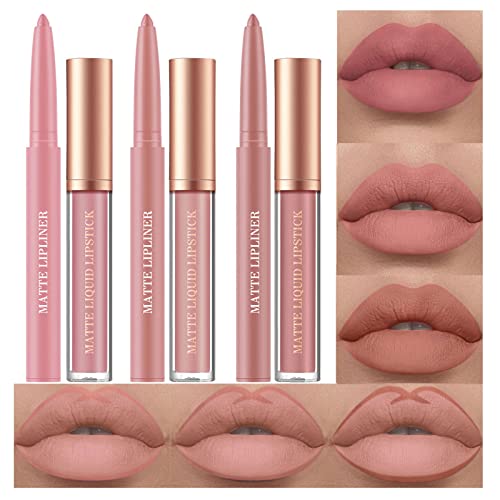 6pc Nude Lip Liner & Lipstick Set, Waterproof Matte Gift