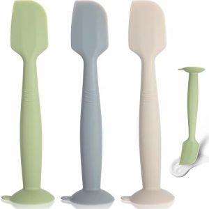 3 Pack Silicone Baby Diaper Cream Applicator Spatulas with Suction Base, Gray Off-white Green Colors