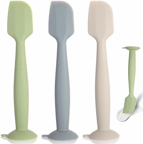 3 Pack Silicone Baby Diaper Cream Applicator Spatulas with Suction Base, Gray Off-white Green Colors
