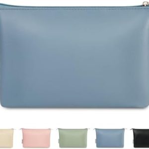 Narwey Small Vegan Leather Travel Makeup Bag - Greyish Blue, Zipper Pouch