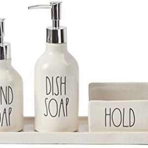 Rae Dunn Kitchen Soap Dispenser Set with Sponge Holder and Tray