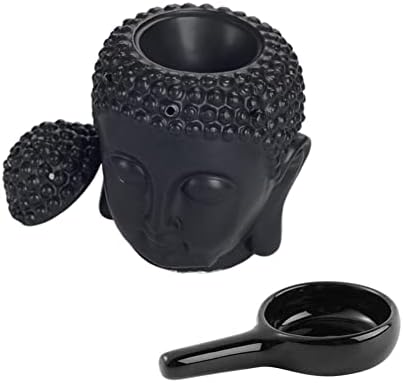 Black Ceramic Buddha Head Essential Oil Burner with Candle Spoon for Home Decor - Image 6