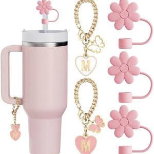 3PCS Hot Pink Straw Toppers & 2PCS Letter Charms Set