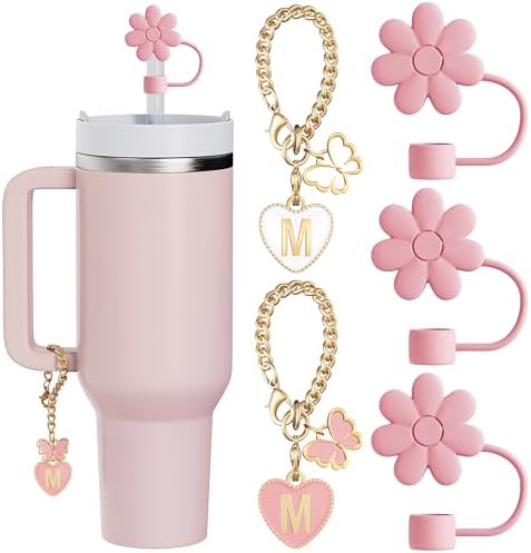 3PCS Hot Pink Straw Toppers & 2PCS Letter Charms Set