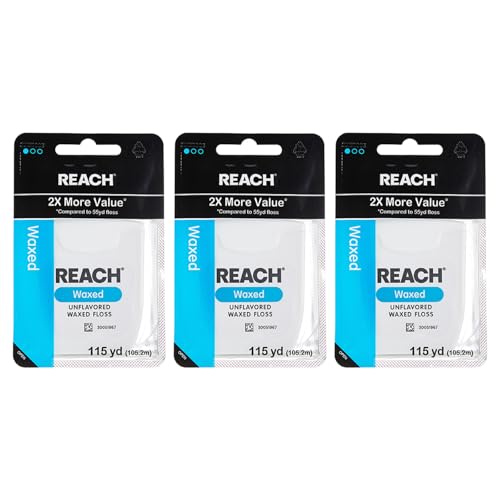 REACH Waxed Dental Floss 3-Pack, 115yd, Unflavored, PFAS-Free, Gentle on Gums