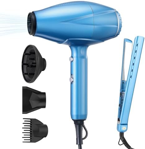 2-in-1 Professional Hair Dryer and Flat Iron Set for All Hair Types, Black