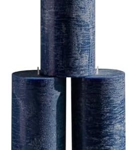 CANDWAX Set of 3 Rustic Unscented Dark Blue Pillar Candles - No Drip, 3 Inch Diameter