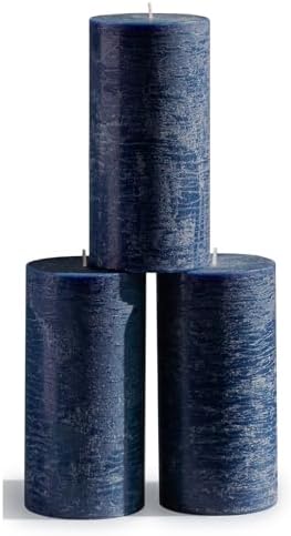 CANDWAX Set of 3 Rustic Unscented Dark Blue Pillar Candles - No Drip, 3 Inch Diameter