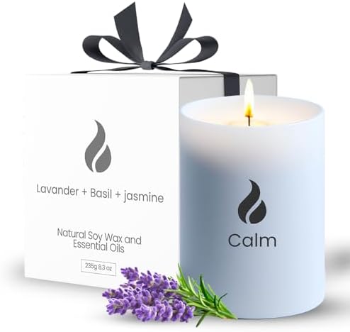 Calming Lavender Basil Jasmine Soy Candle 50 Hour Burn Time 8.3oz Aromatherapy Jar