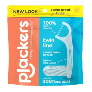 Plackers Twin-Line Dental Flossers, Cool Mint, 300 Count, Dual Action System