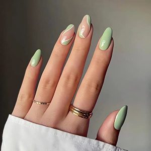 Short Green Almond Press-On Nails, Glossy Acrylic, 24 Pcs for Women & Girls