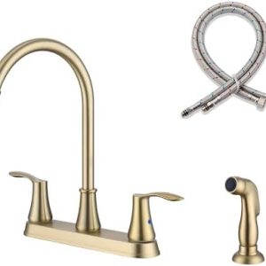 Delle Rosa Brushed Gold Kitchen Faucet, 2-Handle, High Arc, Side Sprayer, Stainless Steel