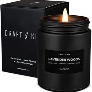 Craft & Kin Lavender Wood Candle | Soy, Black, 45-Hour Burn, 7.6oz