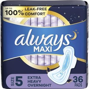 Always Maxi Overnight Pads, Size 5, Unscented, Extra Heavy with Wings, 36 Count