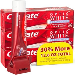 Colgate Optic White Advanced Whitening Toothpaste 3-Tube Pack 12.6 oz Total with Zivigo Squeezer