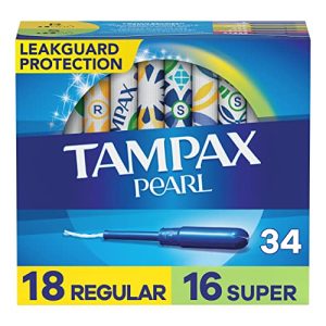 Tampax Pearl Tampons Regular/Super Absorbency 34 Count Unscented with Leakguard Protection