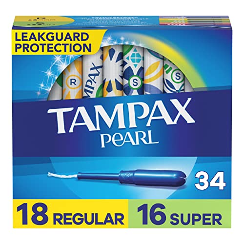 Tampax Pearl Tampons Regular/Super Absorbency 34 Count Unscented with Leakguard Protection