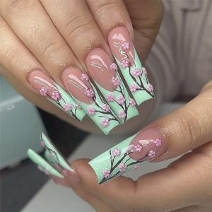 Coffin Green French Tip Press-On Nails with Cherry Blossom and 3D Flower Gems