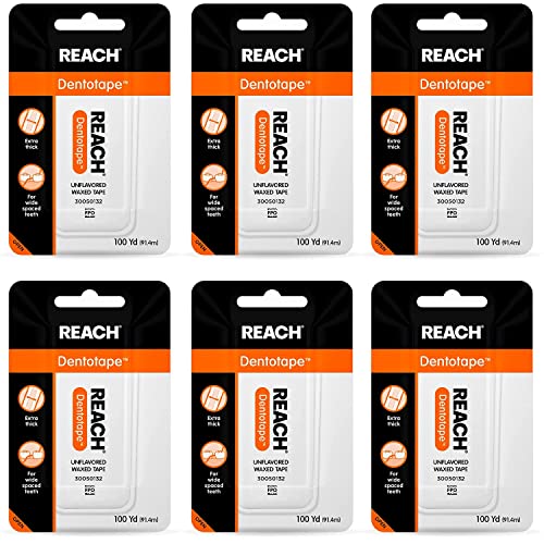 REACH Dentotape Waxed Dental Floss Tape 6-Pack, Extra Thick, PFAS Free, 600 yds