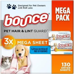 Bounce Mega Dryer Sheets, Unscented, 130 Count - 3X Pet Hair Fighters
