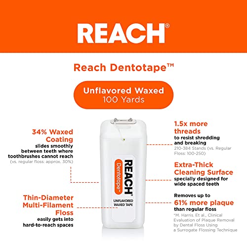 REACH Dentotape Waxed Dental Floss Tape 6-Pack, Extra Thick, PFAS Free, 600 yds - Image 2