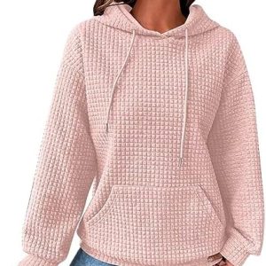 Waffle Pullover Hooded Sweatshirt for Women with Pocket