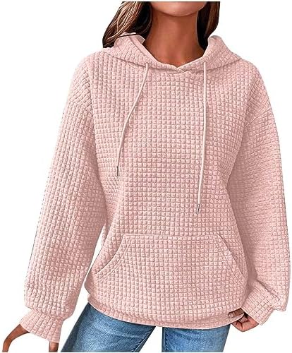 Waffle Pullover Hooded Sweatshirt for Women with Pocket