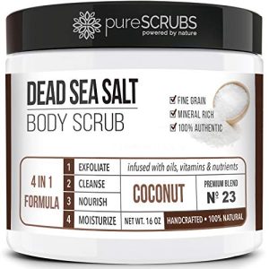 PureSCRUBS Coconut Body Scrub Set - 16oz Dead Sea Salt, Spoon, Loofah & Soap