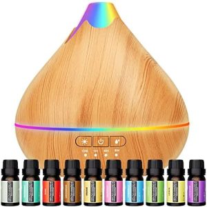 550ml Essential Oil Diffuser Gift Set with 10 Oils & 15 Lights (Yellow)