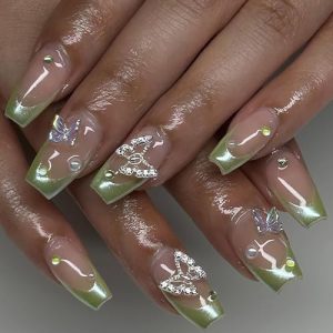 Green French Tip Press-On Nails with 3D Rhinestones Butterfly Design, Medium Length