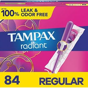Tampax Radiant Tampons, Regular Absorbency, Unscented, 84 Count with Leakguard Braid