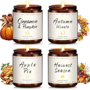 4 Pack Fall Scented Soy Candles Set - Pumpkin, Apple Pie, Harvest, Autumn Wreath Scents
