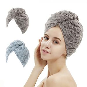 2 Pack Microfiber Hair Towel Wraps, Quick-Dry, Gray & Blue