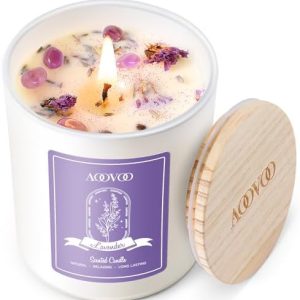 AOOVOO 10oz Lavender Soy Aromatherapy Candle with Amethyst Crystals for Women