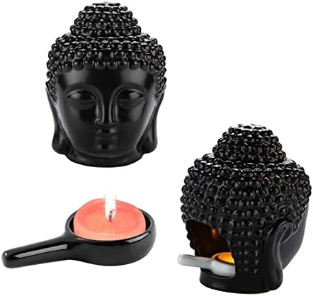 Black Ceramic Buddha Head Essential Oil Burner with Candle Spoon for Home Decor - Image 3