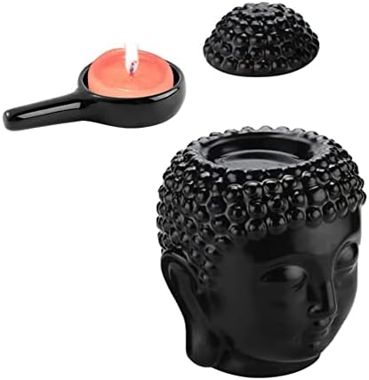 Black Ceramic Buddha Head Essential Oil Burner with Candle Spoon for Home Decor