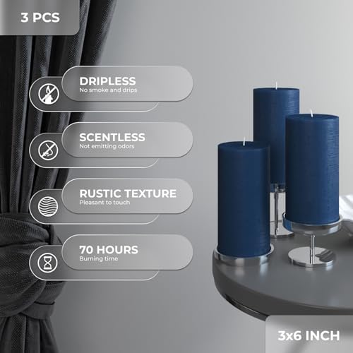 CANDWAX Set of 3 Rustic Unscented Dark Blue Pillar Candles - No Drip, 3 Inch Diameter - Image 2