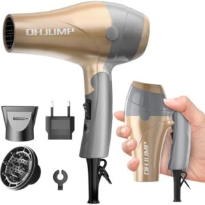 Compact Dual Voltage Travel Hair Dryer with Diffuser, Foldable Handle, 1875 Watts