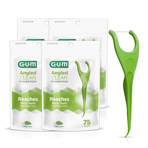 GUM Angled Floss Picks, Shred-Resistant, Mint Flavor, 75ct (4pk) for Tight Teeth