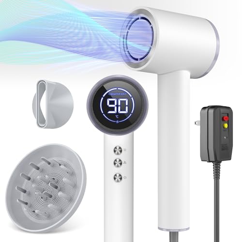 High-Speed Ionic Hair Dryer with Diffuser, Magnetic Nozzle & LED Display - Pearl White