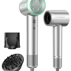 High-Speed Ionic Hair Dryer with Diffuser, Nozzle, and Low Noise - Silvery
