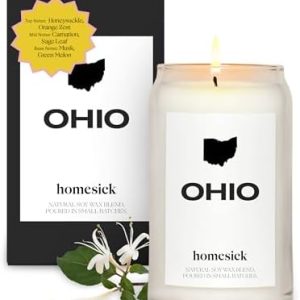 Homesick Ohio Candle - 13.75 oz Soy Wax, 60-80 Hours, Honeysuckle & Orange Zest