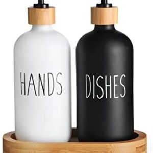 HULISEN Matte Dish Soap Dispenser Set with Wood Tray for Modern Kitchen Decor