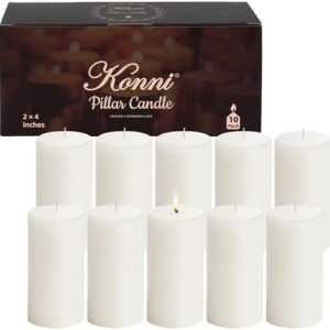 KONNI Set of 10 Unscented White Pillar Candles, 2"x4", 20-Hour Burn Time