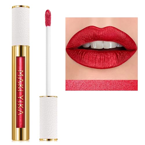 MAKI YIKA Metallic Red Lipstick - Long Lasting, No Smudge, BR20 Crushed Ruby