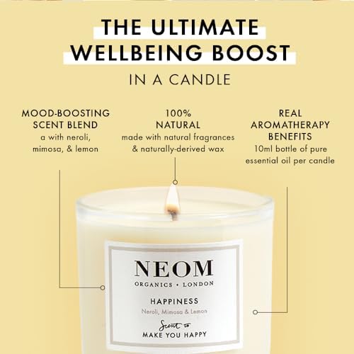 NEOM Happiness Essential Oil Candle 1 Wick Neroli Mimosa Lemon Scent 100g - Image 2