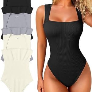 OQQ Women's Ribbed Strappy Bodysuit Set Tummy Control Square Neck 3 Piece M